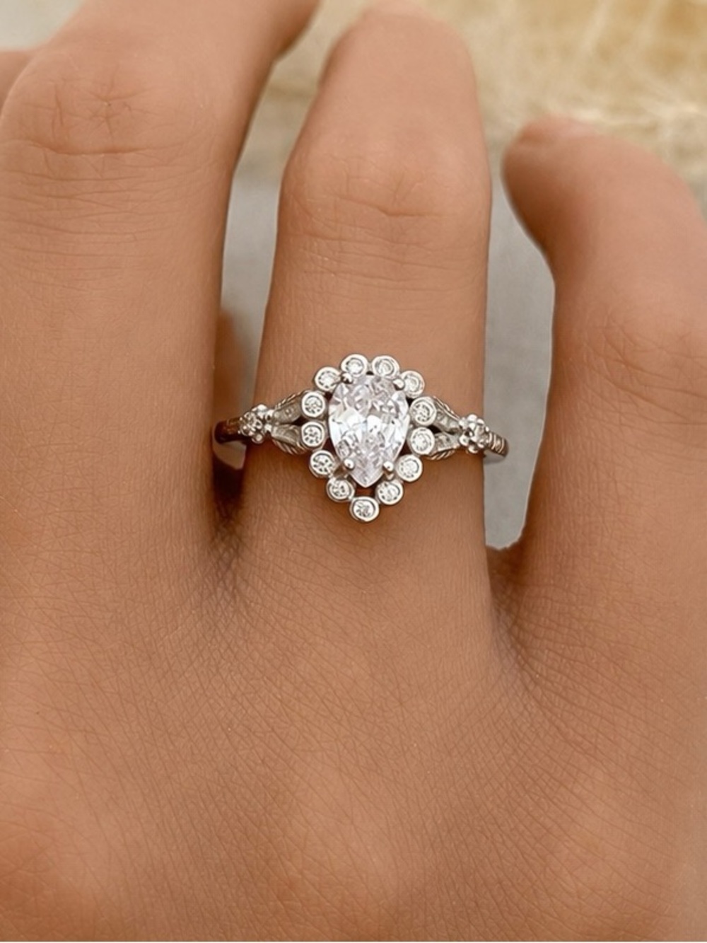 Pear CZ Sterling Silver Halo Nature Inspired Floral Leaf Band Women’s Ring